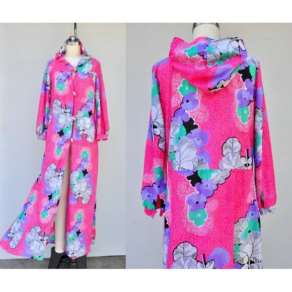 70s Colorful Duster Jacket Dress Hooded Psychedelic Flower Child S - M - Picture 1 of 10